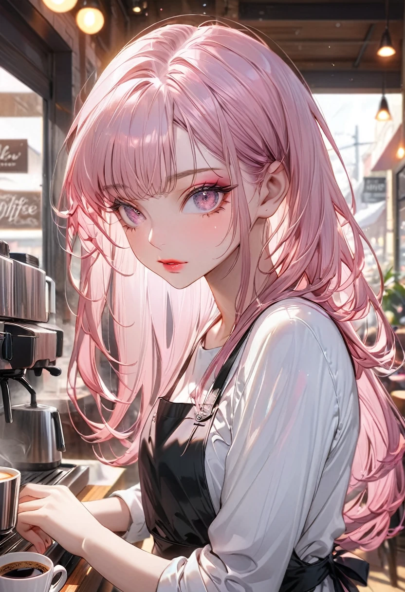 (Highest quality,Very detailed,High resolution:1.2),Slim beautiful girl，Pink Hair,very_Long eyelashes, Detailed lips, Cool look, Soft Skin, Shiny Hair,Exquisite makeup,Coffee shop in the background，He is wearing an apron over his white shirt