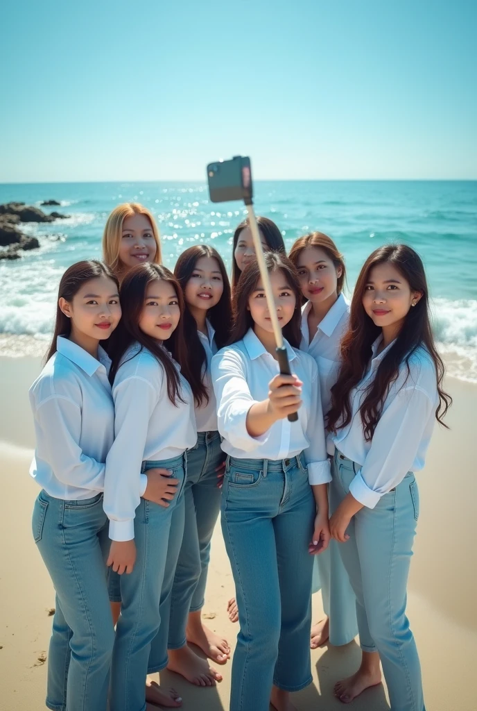 professional photography there are 8 beautiful Indonesian women, who wears a white shirt , jeans, In tune while posing together using a selfie stick , with the background on the beach with the attractive lapping of the waves and bright blue clouds. fullHD, ultrahd+ , Earth's atmosphere,realistic, looks authentic, dramatic scene, must be detailed, seen from above using a drone