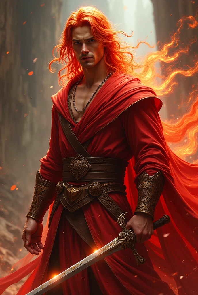 Homme avec cheveux et vetements rouge feu avec une épée et quatres doigts a chaque mains, beau, gentil