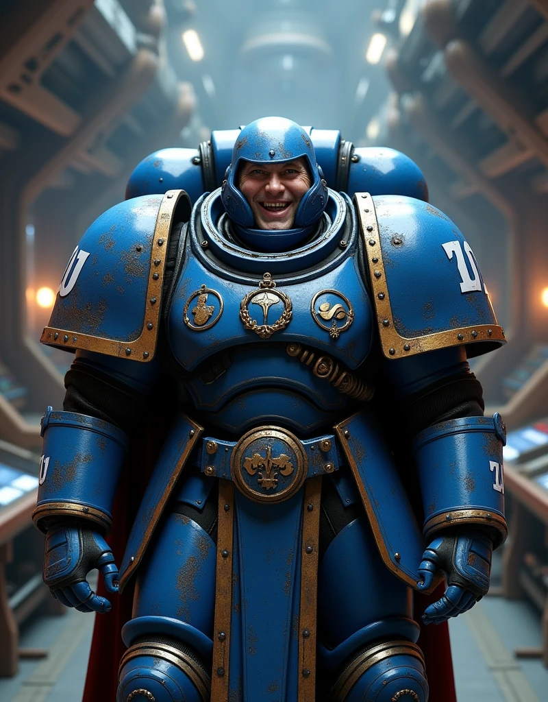 front view a spacemarine of Warhammer The Horus Heresy in blue armor of "Ultramarines" legion, on his blue shoulders of blue armor is big white symbol as white Latin letter "U", his face facing the camera, grin in the facial expression of the mouth, big cabine a room of space base from Warhammer 40k background, photorealistic, photo of Nikon Z60