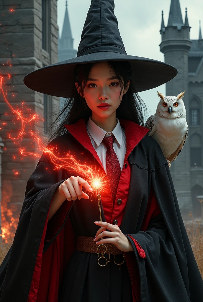 photorealistic photo, asian woman, white skin, Facing straight, Fluffy black hair, Slender fingers, There are five fingers on each hand., Black witch cloak, Red inner hood, black witch hat, White collared inner shirt, Red and white patterned tie, In the hand holding a small magic wand, There were several red fireballs and red smoke coming out of the wood., A white owl stands on the right shoulder., A large golden lion with a fiery red mane appeared from the left rear., The background is an old black castle.