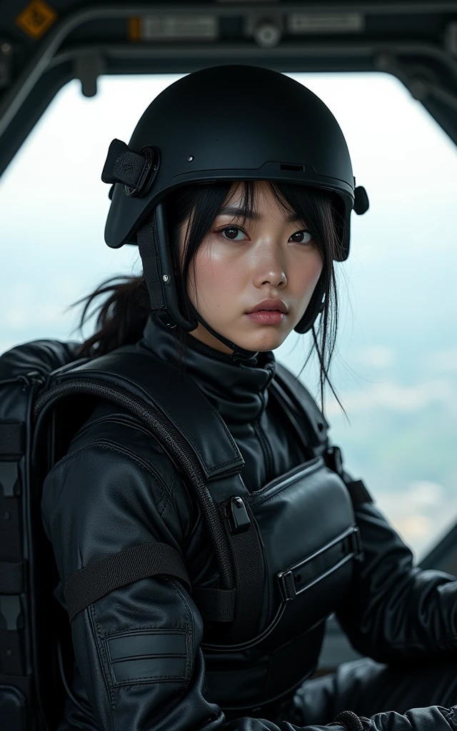 Ultra-high resolution,High-resolution details,Wearing Army Camouflage,韩国parachute兵,Wearing a black military vest,Wearing a military helmet,Advanced and complete equipment,fully armed,(亲自parachute)Airplane at high altitude,The hatch opens,Handle hatch,Sideways to face the camera,With a parachute on his back(1 Korean female soldier,Super beautiful,Super fair skin,Super white face)Serious expression,The task is difficult and urgent,Eyes staring at the camera,There is murderous and fierceness in his eyes,parachute,Jump