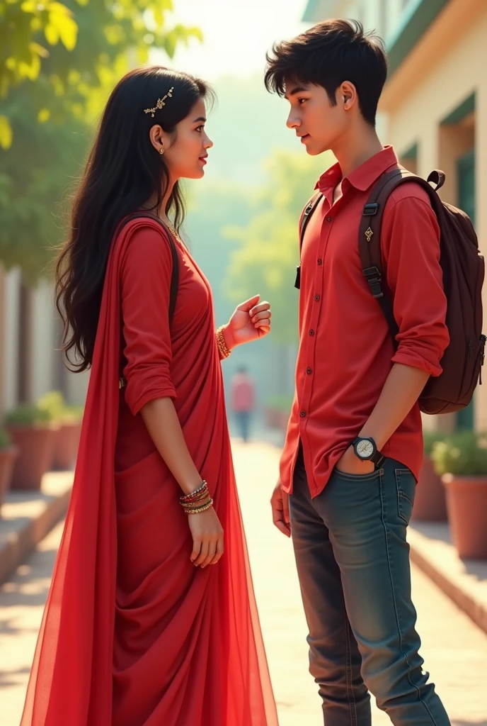 A girl wearing red dhavani and boy wearing red shirt  .girl is some fat and boy is lean.they are college students 