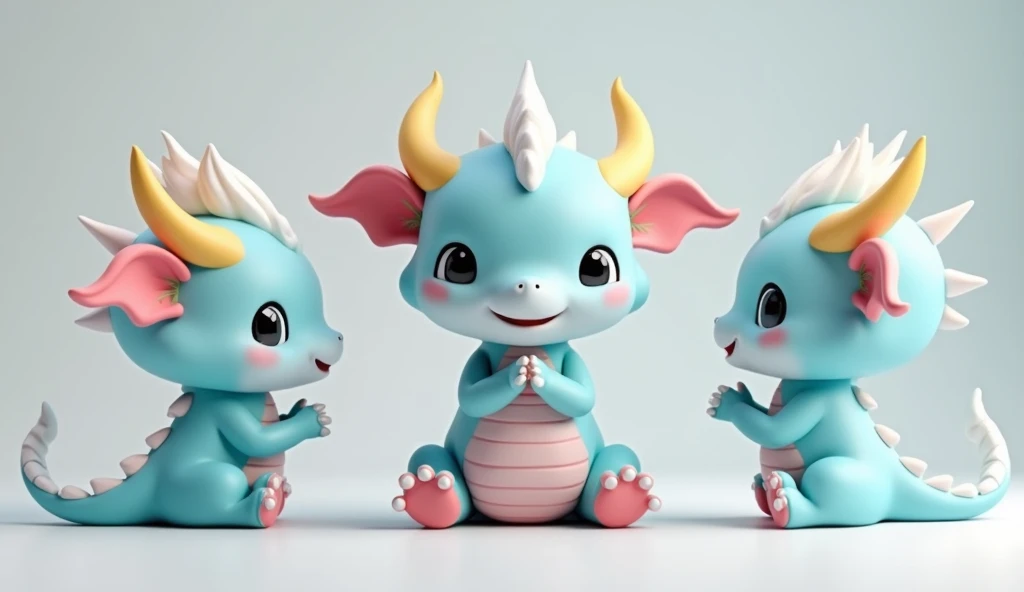 Cute cartoon baby dragon, with a pastel blue body, yellow horns, and pink claws, in a sitting pose on its hind legs like a cat, hands folded in a prayer position, and a white tail facing upwards. Three views are shown: front, side, and rear. The rendering style is c4d, with super high-definition details and a solid color background. This is a 3D modeling cartoon character design.