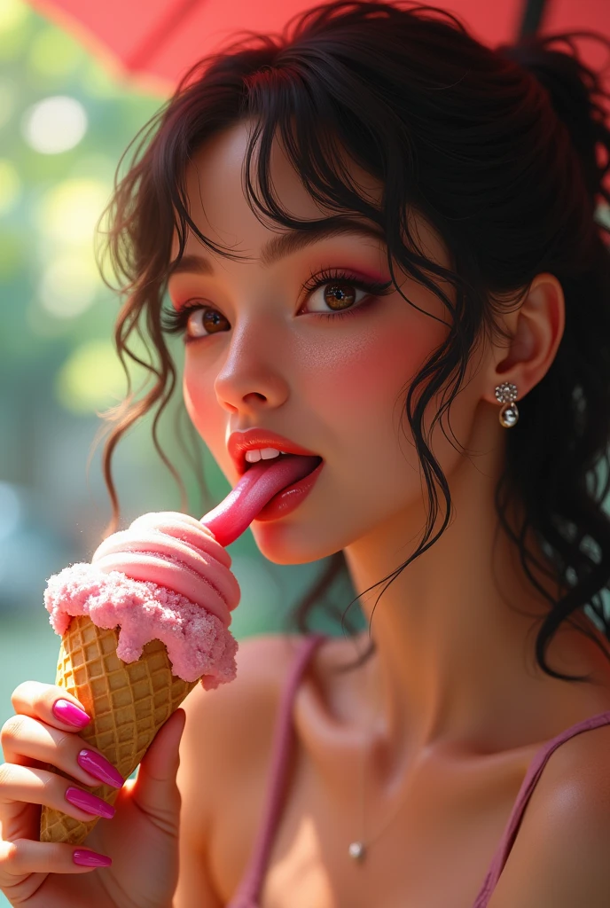 Hot girl chusing ice cream with tung