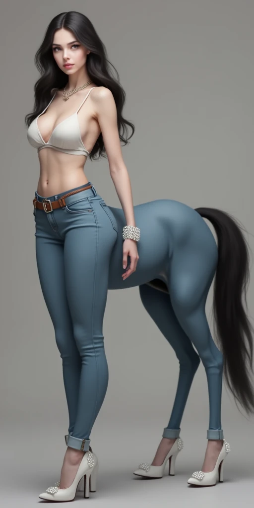 masterpiece,(Best quality:1.3),Centaur girl,lora:Centaur girlV1.0:0.6,(Icefield:1.3),(Head and body 1：9：1.3)Nine-head body，Elegant, beautiful and elegant，All four legs are wearing tight jeans，camisole，denim jacket，Beautiful body，Light blue denim clothing，Wearing tight light blue jeans，I&#39;m wearing denim skinny pants，（(Light blue skinny denim trousers: 1.6)）,Smooth skin，Black Hair，Perfect facial features，Full breasts，(Leather belt bracelet neck: 1.4)，(White crystal high heels: 1.6)，Fair and translucent skin，Pale skin，Peach-like skin，The milky white porcelain skin of the eggs