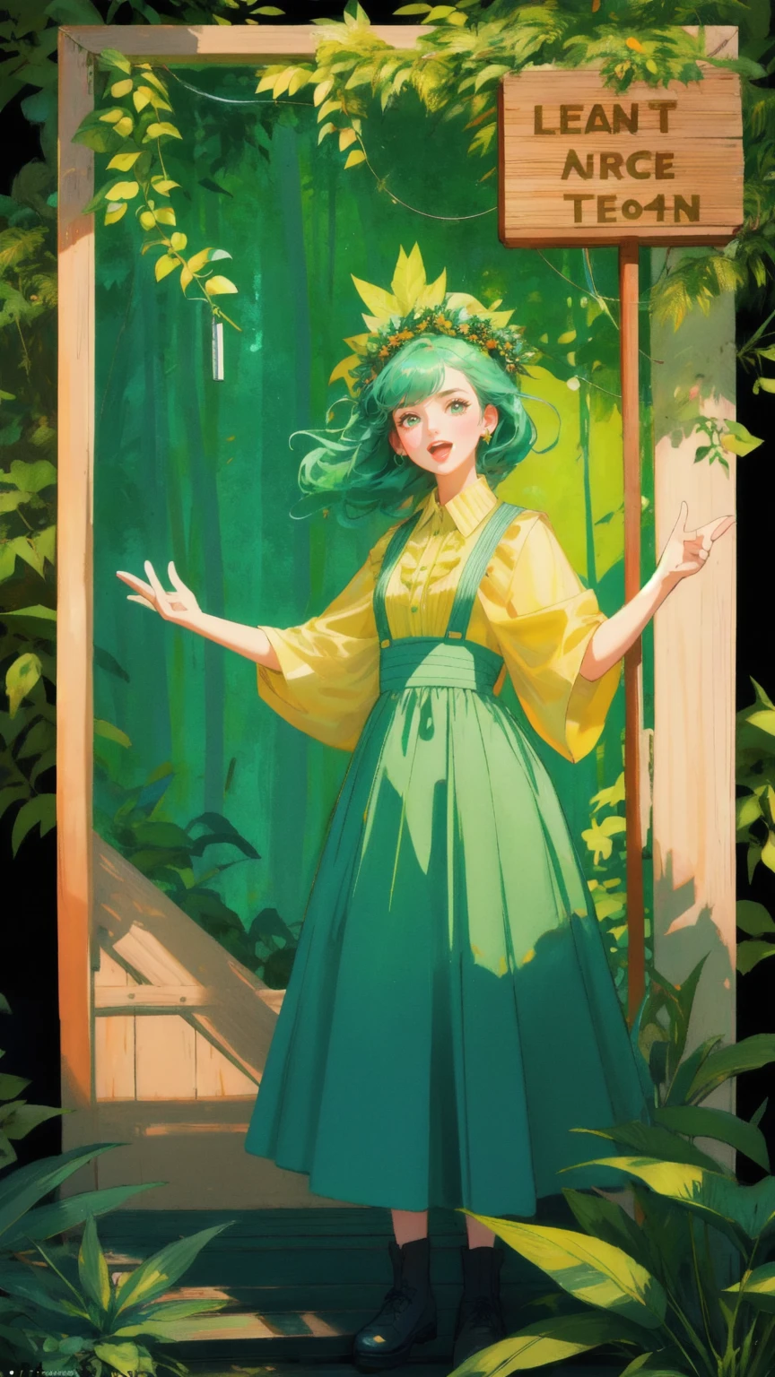A dynamic scene featuring a lively girl with expressive eyes and an exaggerated, open mouth, shouting into a vintage microphone. The girl is standing on a small wooden stage surrounded by lush greenery. Behind her, a large, bold wooden sign with exaggerated shapes (but without any text) is present, with wooden speech bubbles around it. Vines and leaves drape around the sign and microphone, creating a natural jungle vibe. The entire background is filled with vibrant green plants, creating a lively and energetic feel, like a humorous public announcement in a forest clearing