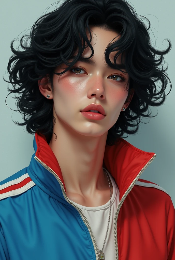 handsome young guy with feminine features, dressed in a red, blue and white tracksuit from the 80s, he has grey eyes , he has long black curly hair , and has pale skin