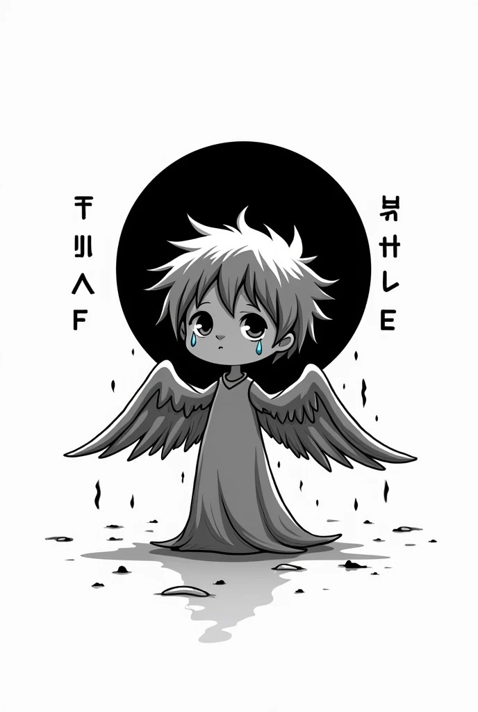 Please make me an avatar, black and white, cartoon, square, with a black circle inside, white background, the text on the top is Hack the planet, the text on the bottom is FhoeniX42S, and there is a crying little angel in the middle