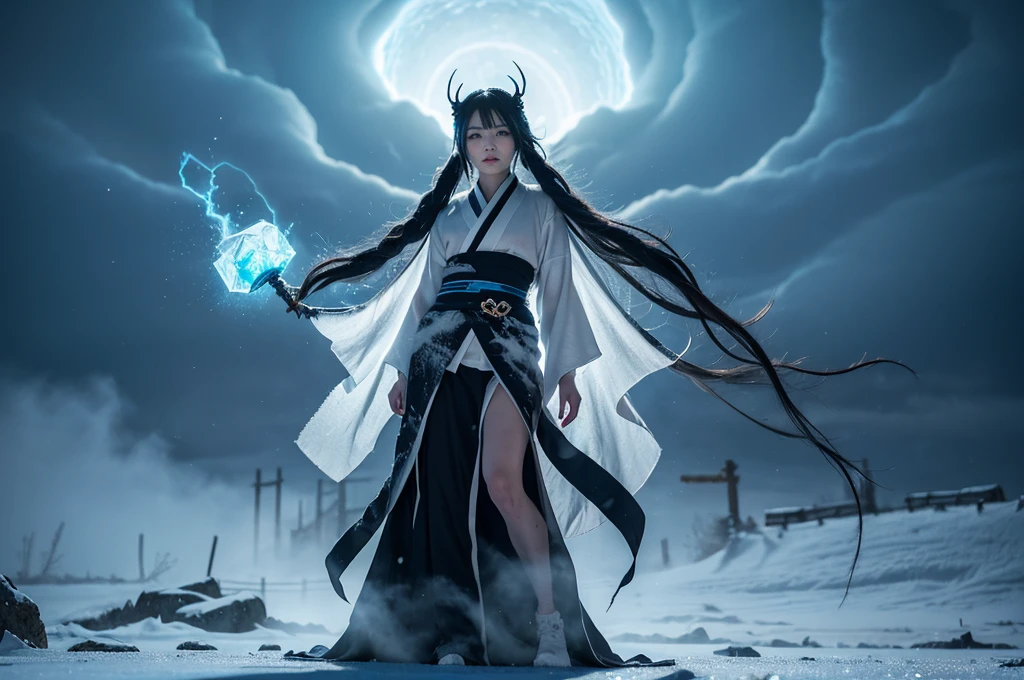 **Prompt:** Create an ultra-realistic 8K image of Yuki-onna, the snow spirit from Japanese folklore, reimagined as the ultimate monster while retaining her iconic features. Yuki-onna is depicted with terrifyingly pale, almost translucent skin that glows faintly with an unnatural, icy light. Her once beautiful, long black hair now flows wildly around her, tangled with shards of ice and frost, giving her a chaotic and menacing appearance. 

Her eyes are a chilling, piercing blue, now filled with a malevolent, predatory gaze that freezes the blood of anyone who meets them. Her mouth is slightly open, revealing sharp, elongated fangs that drip with icy venom, ready to ensnare her prey. Her fingers have transformed into long, clawed talons, covered in frost and capable of tearing through flesh with ease.

She wears a tattered, snow-covered kimono that clings to her skeletal frame, torn and frayed as if shredded by the harsh winds of countless blizzards. The kimono's once delicate patterns are now dark and twisted, resembling the scars of a relentless winter storm. Her presence is a towering, spectral figure, exuding an aura of deathly cold that seems to freeze the very air around her.

The background is a desolate, frozen wasteland, with jagged ice formations and snow-covered ruins stretching into the distance. The sky is a dark, swirling mass of storm clouds, occasionally illuminated by flashes of lightning that cast eerie shadows across the landscape. Yuki-onna stands at the center of this frozen hellscape, her expression twisted into a cold, cruel smile as she surveys her icy domain.

This image captures Yuki-onna as the ultimate winter monster, a horrifying embodiment of the relentless and deadly forces of nature, blending the beauty of her mythical origins with the terrifying power of an unstoppable, icy predator.