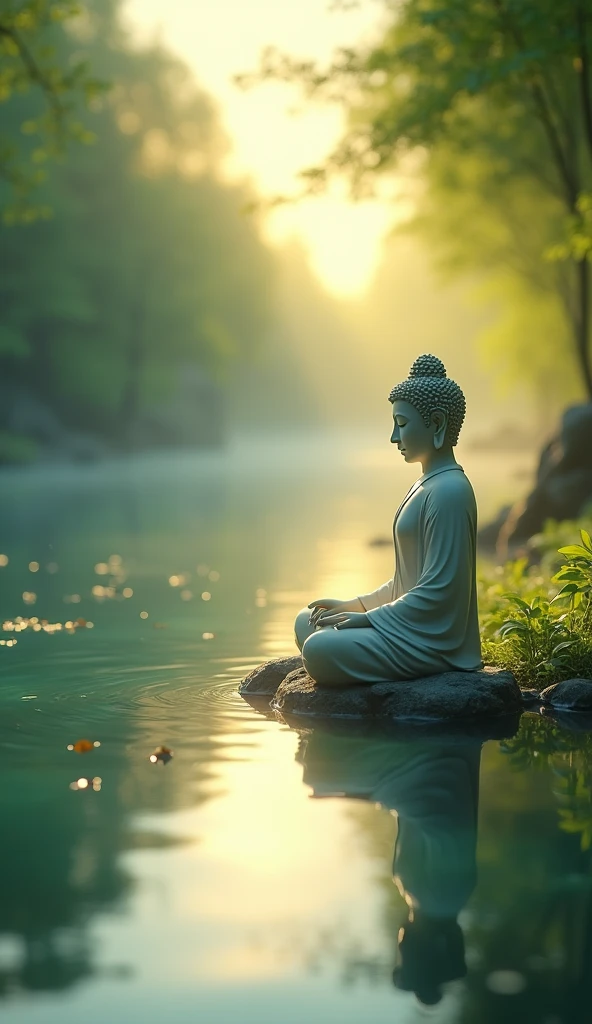 A 3D animation style image of a serene, tranquil river flowing through a lush, green landscape at dawn. The water is crystal clear, reflecting the soft golden hues of the rising sun. On the riverbank, a wise Buddha figure sits in deep meditation, his presence exuding calm and peace. The Buddha is depicted with a soft glow around him, symbolizing his enlightened state. The surrounding environment is filled with gentle, divine light, with delicate leaves floating on the river's surface, undisturbed by the current. The scene is imbued with a sense of deep serenity, inviting the viewer to experience the stillness of the mind.
