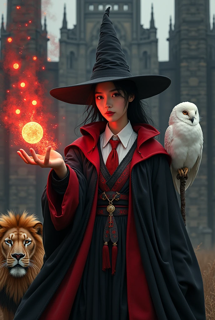 photorealistic photo, asian woman, white skin, Facing straight, Fluffy black hair, Slender fingers, There are five fingers on each hand., Black witch cloak, Red inner hood, black witch hat, White collared inner shirt, Red and white patterned tie, In the hand holding a small magic wand, There were several red fireballs and red smoke coming out of the wood., A white owl stands on the right shoulder., A large golden lion with a fiery red mane appeared from the left rear., The background is an old black castle.