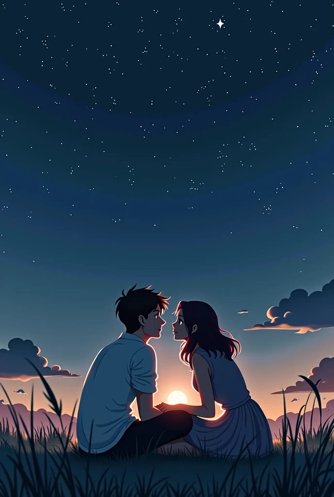 At night,Two lovers sitting on the grass chatting and looking at the stars