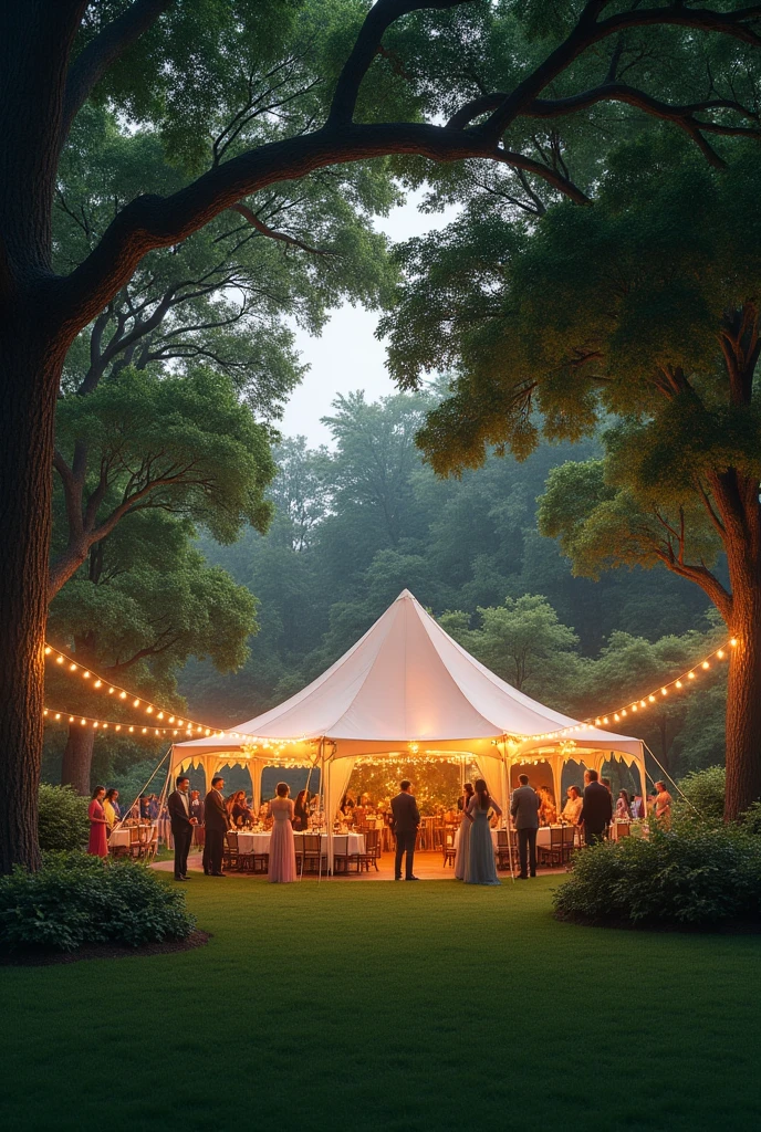 lawn with several trees with tent and a wedding party with lights scattered everywhere