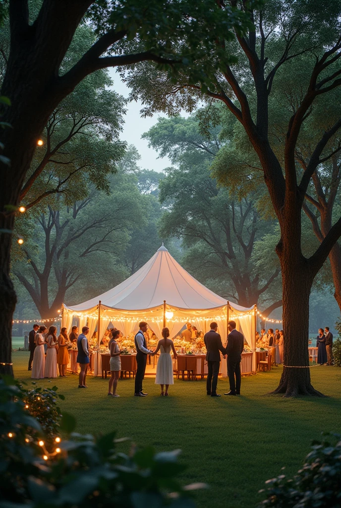 lawn with several trees with tent and a wedding party with lights scattered everywhere