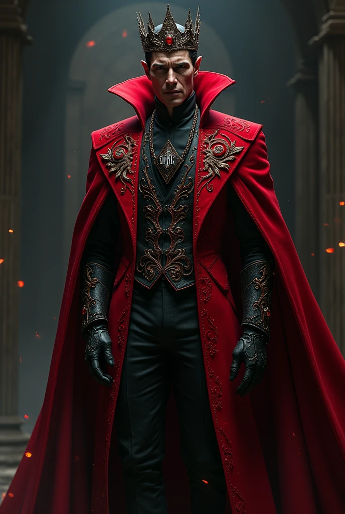 Create the adult Dracula with crown using the red demolisher hero outfit and the uniform symbol must be the acronym VME on the highlighted chest