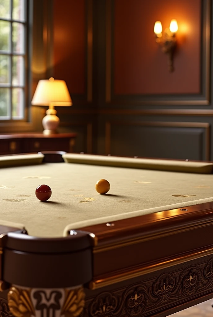A sparkling snooker table, Its smooth surface radiates opulence and sophistication, with delicate veins of cream and gold. warm, cozy and wonderfully quirky, This luxurious snooker table is the centrepiece of a luxurious room, Captured in a high-resolution photograph showing every intricately carved detail. Rich in color and texture, This image radiates luxury and elegance, inviting the viewer to enjoy a moment of pure pleasure and relaxation.