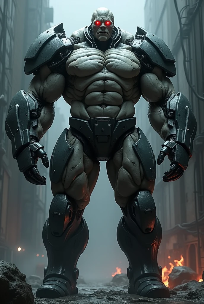 A big giga muscular men cyborg with scars on all body, red eyes, very white skin