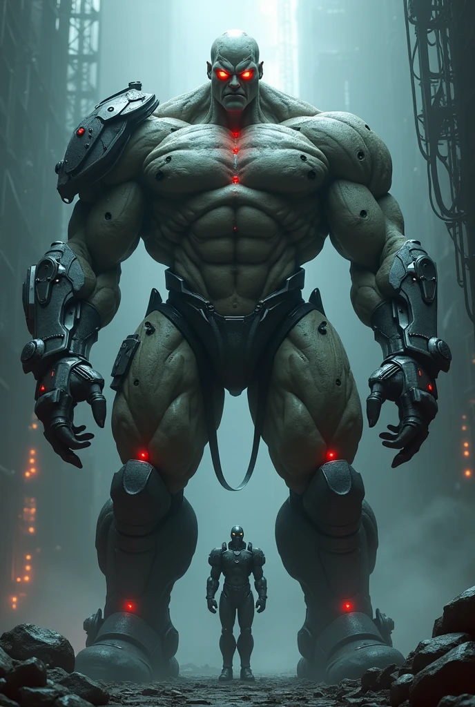 A big giga muscular men cyborg with scars on all body, red eyes, very white skin