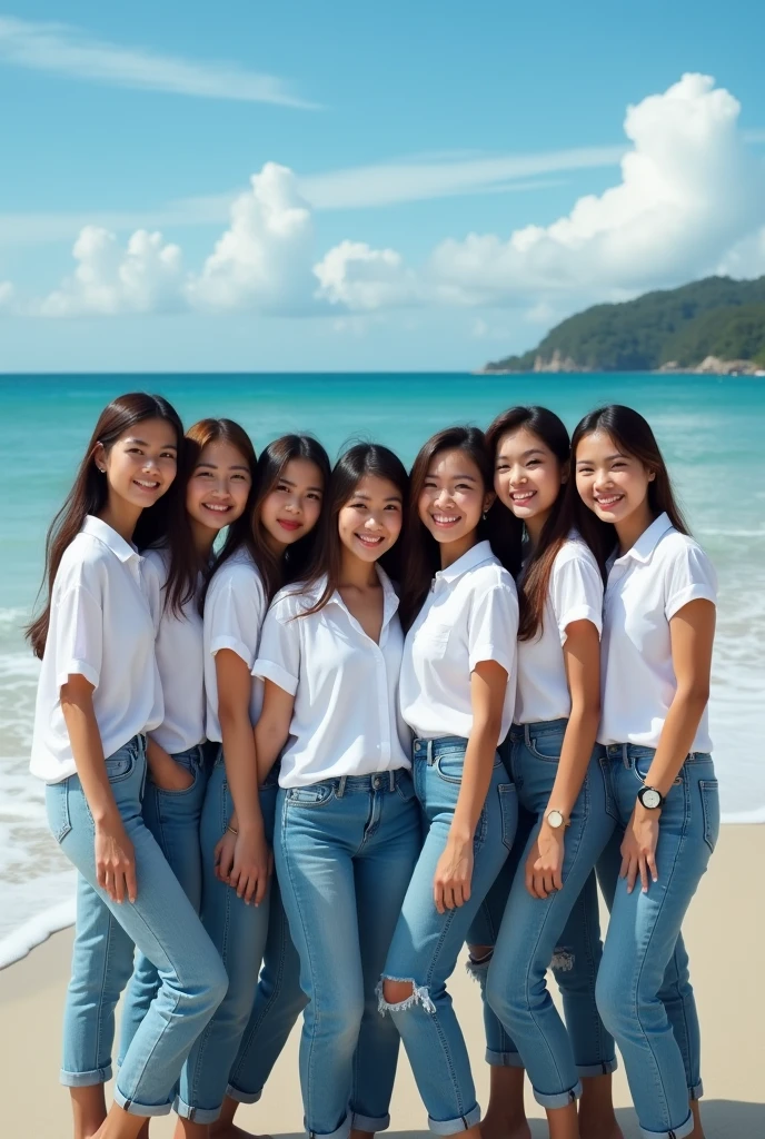 professional photography there are 8 beautiful Indonesian women, who wears a white shirt , jeans, Senada is standing together using a selfie stick , with the background on the beach with the attractive lapping of the waves and bright blue clouds. fullHD, ultrahd+ , Earth's atmosphere,realistic, looks authentic, dramatic scene, must be detailed, seen from above using a drone