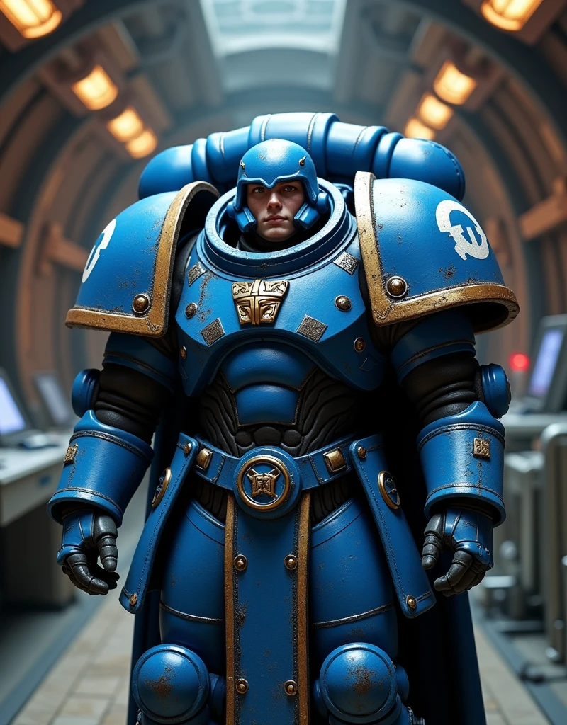 front view a spacemarine of Warhammer The Horus Heresy in blue armor of "Ultramarines" legion, on his blue shoulders of blue armor is big white symbol as white Latin letter "U", his face facing the camera, grin in the facial expression of the mouth, big cabine a room of space base from Warhammer 40k background, photorealistic, photo of Nikon Z60