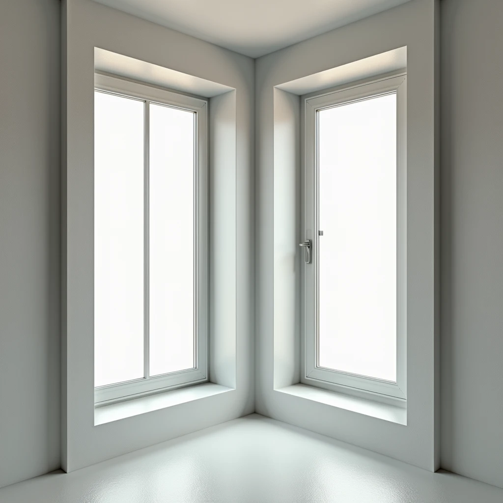 A professional and realistic image showcasing the interior window slopes (reveals) of a balcony block, which includes both a window and a door. The focus is on the expertly finished slopes on the inside, with smooth, clean lines that seamlessly blend with the window and door frames. The finishing work is immaculate, enhancing the overall aesthetic of the interior space. The scene is well-lit, highlighting the quality of the materials and the precision of the craftsmanship, conveying the professionalism and reliability of the window and balcony block installation and finishing services.