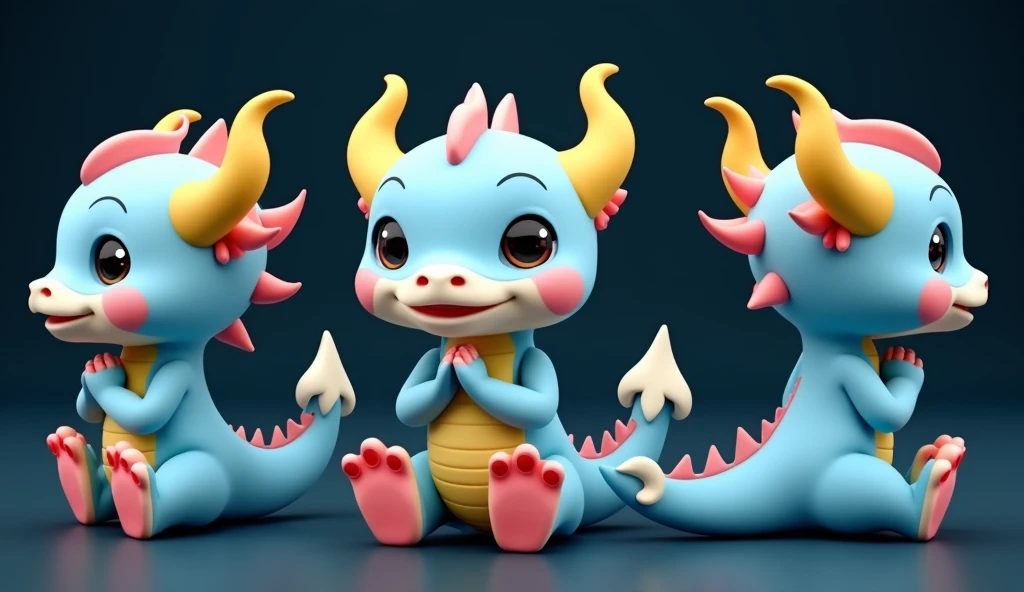 Cute cartoon baby dragon, with a pastel blue body, yellow horns, and pink claws, in a sitting pose on its hind legs like a cat, hands folded in a prayer position, and a white tail facing upwards. Three views are shown: front, side, and rear. The rendering style is c4d, with super high-definition details and a solid color background. This is a 3D modeling cartoon character design.