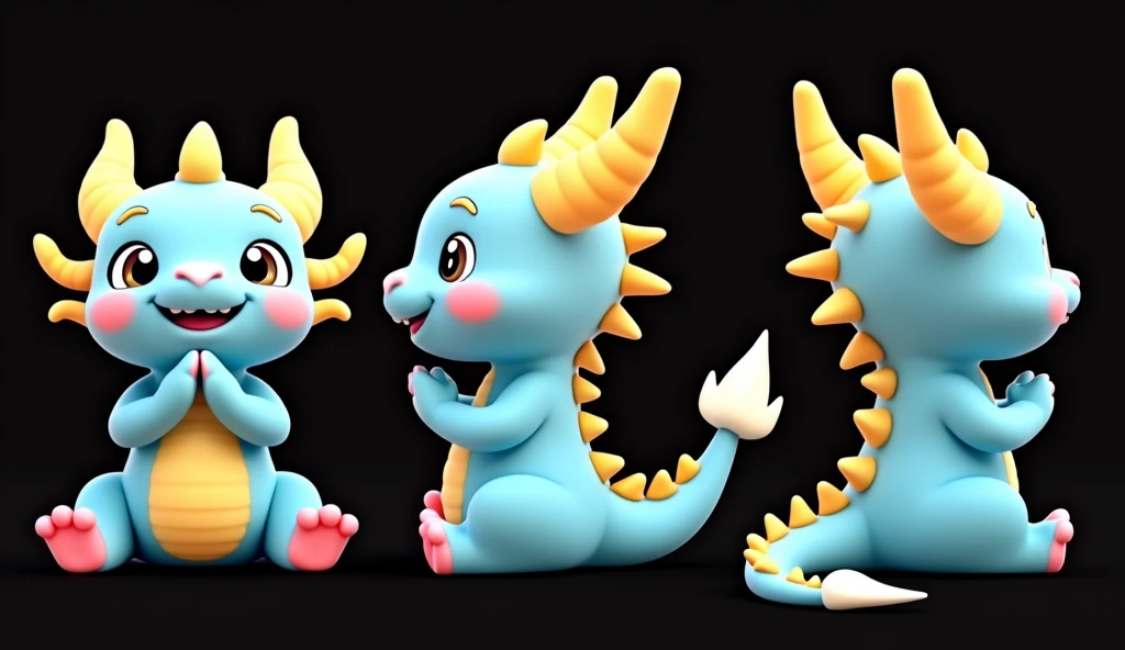 Cute cartoon baby dragon, with a pastel blue body, yellow horns, and pink claws, in a sitting pose on its hind legs like a cat, hands folded in a prayer position, and a white tail facing upwards. Three views are shown: front, side, and rear. The rendering style is c4d, with super high-definition details and a solid color background. This is a 3D modeling cartoon character design.