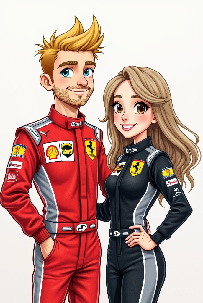 Freehand drawing for a birthday card of a couple of Formula 1 drivers He has blond hair with blue eyes and a thin, short beard in red clothes She has straight light brown hair PARTED IN THE MIDDLE, white skin and brown eyes in black and gray clothes.