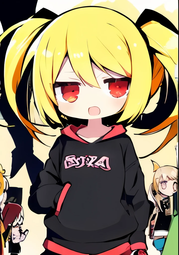 One girl, idol style cartoon character, blond twin-tail hair, cute face, big mouth, angry, burning eyes, powerful eyes, yelling, barking, loud,.
Bright expression, blond twin-tail hair, hoodie, pants, face in focus, front view, red eyes, two hands, five fingers, no shadow on background, high resolution