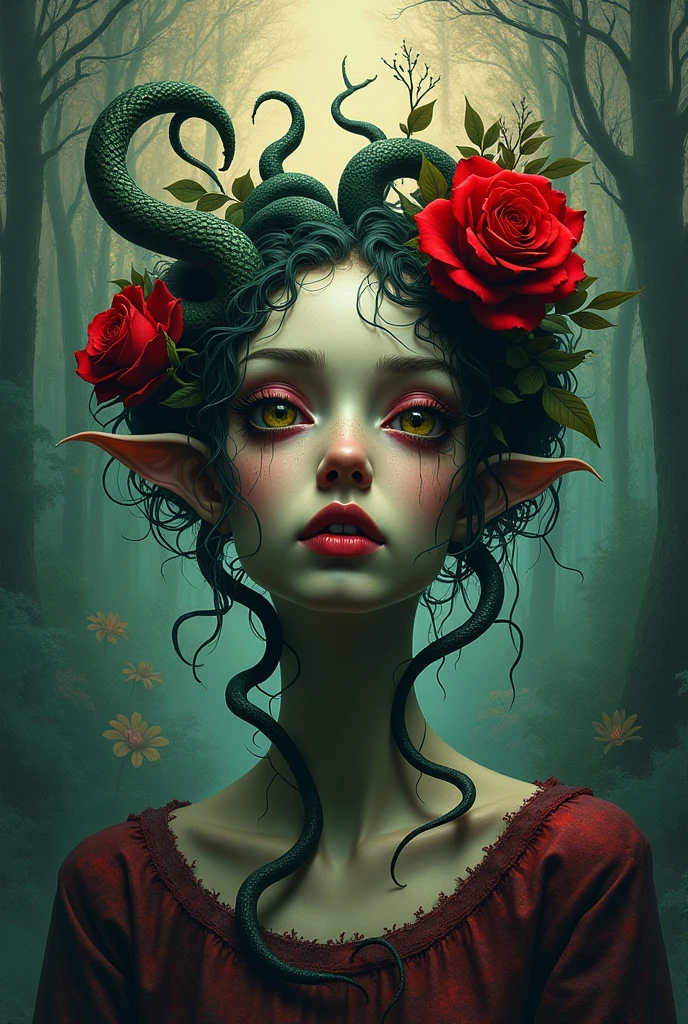 视觉上引人入胜的艺术work, Use color wisely, work, and light. 创新艺术work, Showcase unique and imaginative concepts. (Medusa with Hemlock and Rose,With devil's eyes), (Surrealism), (High Detail) 情感共鸣的艺术work, Communicate the narrative effectively. 与发展趋势相符的艺术work, Reflects a sense of movement and progress. 技巧娴熟的艺术work, Show fine details and techniques