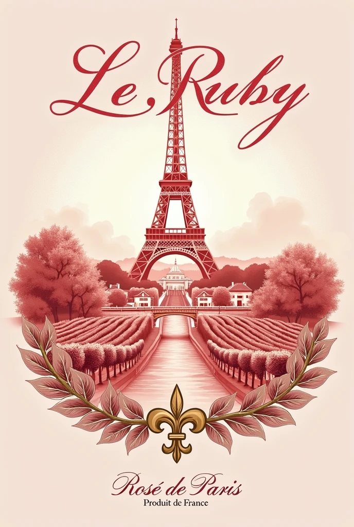 "An elegant wine label for a rosé wine bottle branded 'Le Ruby de Paris,' featuring a soft pink and gold color scheme. The Eiffel Tower is sketched subtly in the background, with vineyards and a small French village in the foreground. The brand name 'Le Ruby de Paris' is written in a cursive, elegant font. At the bottom, there's a gold fleur-de-lys and the text 'Produit de France' framed by laurel branches."