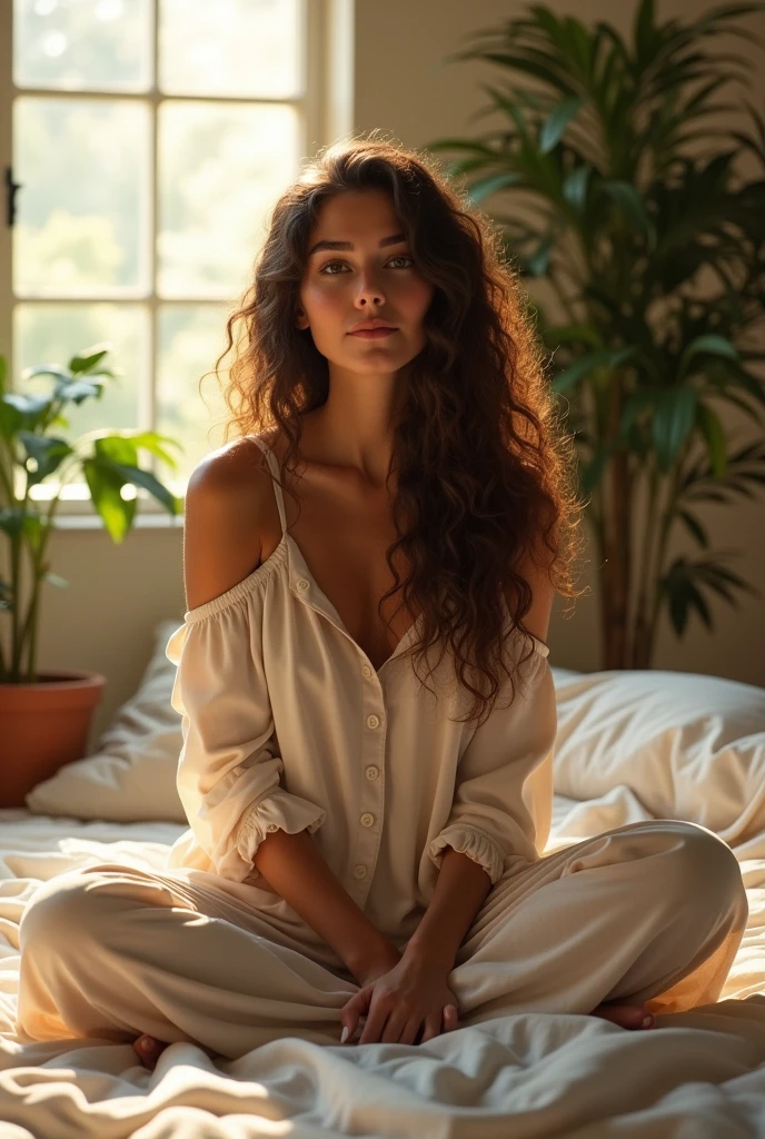 (photorealism:1.2), beautiful woman, sitting on bed, wearing loose off-shoulder top, pajama pants, long curly hair, indoors, soft lighting, plants in background, window with sunlight, cozy room, relaxed pose, realistic, intricate details, warm colors, by Greg Rutkowski, by Alphonse Mucha