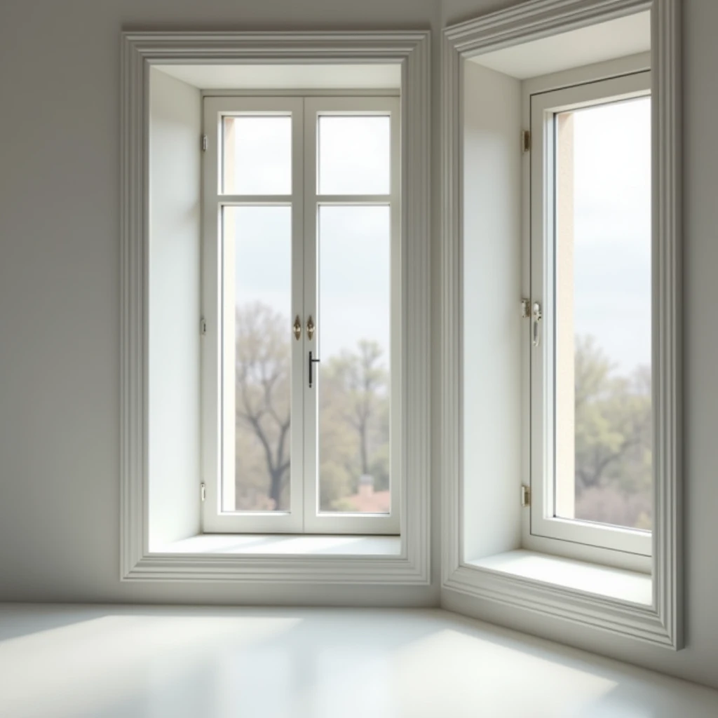 A professional and realistic image showcasing the interior window slopes (reveals) of a balcony block, which includes both a window and a door. The focus is on the expertly finished slopes on the inside, with smooth, clean lines that seamlessly blend with the window and door frames. The finishing work is immaculate, enhancing the overall aesthetic of the interior space. The scene is well-lit, highlighting the quality of the materials and the precision of the craftsmanship, conveying the professionalism and reliability of the window and balcony block installation and finishing services.