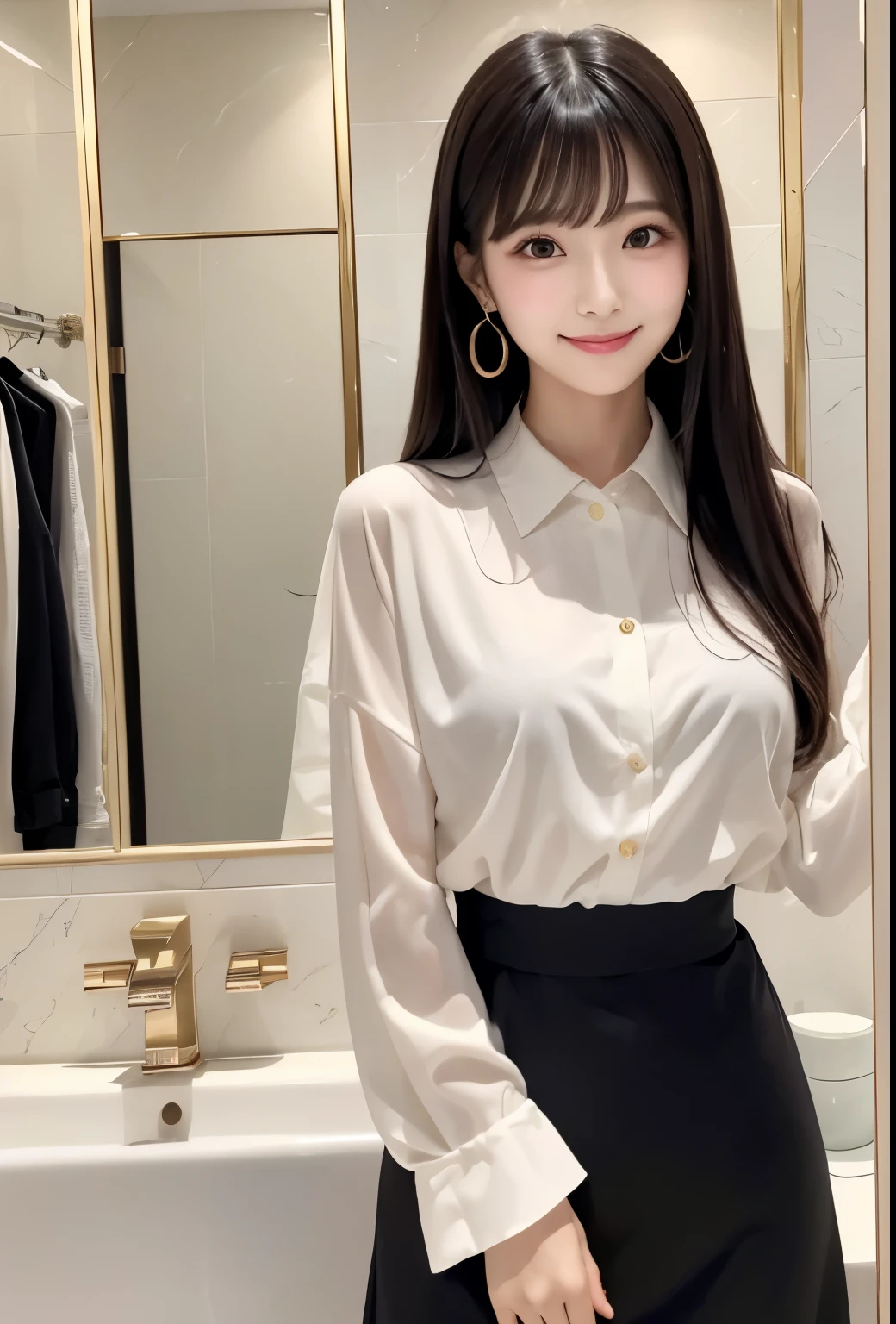 masterpiece、Highest quality、whole body、One Girl、bangs、Japanese、Long Black Hair、Long Hair、smile、alone、Bath、Stylish woman、pastel colored outfits、front、Luxury background elements、Confident expression、Modern and trendy、Fashion focus