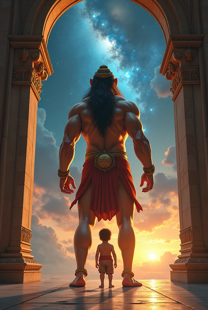 Create the bajrangbali with one boy on the front of temple going to the space
