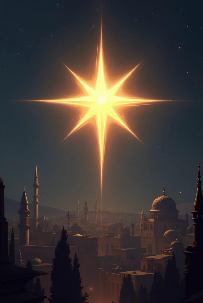 An image of a bright star in the sky, with a background of an ancient city.
