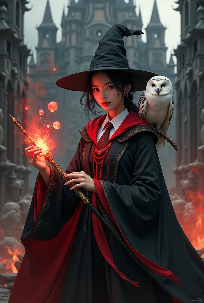 photorealistic photo, asian woman, white skin, Facing straight, Fluffy black hair, Slender fingers, There are five fingers on each hand., Black witch cloak, Red inner hood, black witch hat, White collared inner shirt, Red and white patterned tie, In the hand holding a small magic wand, There were several red fireballs and red smoke coming out of the wood., A white owl stands on the right shoulder., A large golden lion with a fiery red mane appeared from the left rear., The background is an old black castle.