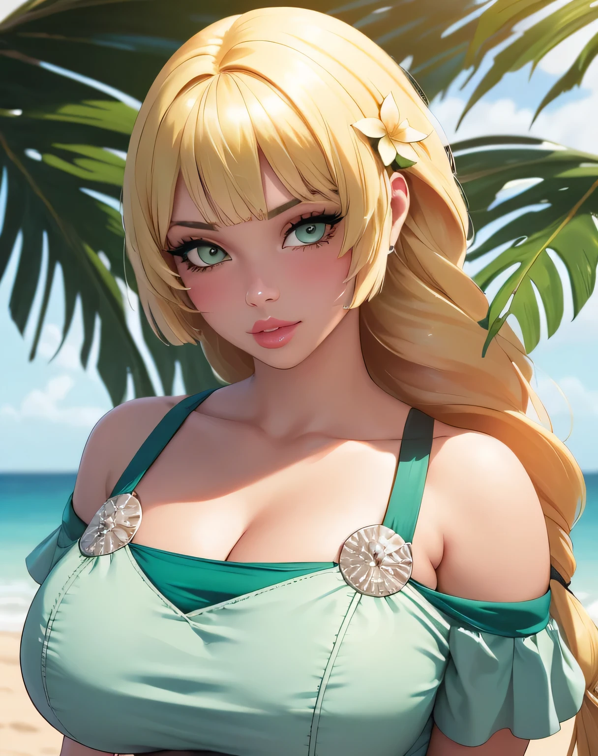 sumIngrid, bangs, hair flower, hair ornament, braided ponytail, green bikini, off-shoulder, green shorts,(masterpiece, best quality, ultra-detailed), realistic style, beach 2.0, looking at viewer, blushing, perfect eyes, very cute nose 2.0, very sexy smile 2.0, very luscious lips 2.0, very heavy eyeshadow 2.0, very heavy makeup 2.0, very thick lips 2.0, very glossy lips 2.0, very pouty lips 2.0, plump lips 2.0, very sexy 2.0, very flirty 2.0, very beautiful 2.0, very sexy smile 2.0, very luscious lips 2.0, very heavy eyeshadow 2.0, very heavy makeup 2.0, very thick lips 2.0, very glossy lips 2.0, very pouty lips 2.0, lustrous skin 2.0, plump lips 2.0, very sexy 2.0, very flirty 2.0, very heavy eyeshadow 2.0, very heavy makeup 2.0, very thick lips 2.0, very glossy lips 2.0, very pouty lips 2.0, lustrous skin 2.0, plump lips 2.0, very sexy 2.0, very flirty 2.0, very sexy 2.0, extremely massive breasts 2.0, extremely massive breasts 2.0, skindentation 2.0, extremely massive breasts 2.0, very deep cleavage 2.0, very deep cleavage 2.0, very deep cleavage 2.0, very deep cleavage 2.0, very small waist 2.0, very defined hips 2.0, very defined waist 2.0, very heavy eyeshadow 2.0, very heavy makeup 2.0, extremely massive breasts 2.0, extremely massive breasts 2.0, very deep cleavage 2.0, extremely massive breasts 2.0, extremely massive breasts 2.0, extremely massive breasts 2.0, very deep cleavage 2.0, extremely thick 2.0, extremely thick 2.0, skindentation 2.0, glistening skin 2.0, glistening skin 2.0, extremely thick 2.0, extremely sexy bimbo 2.0, extremely sexy bimbo 2.0, extremely sexy bimbo 2.0, extremely sexy bimbo 2.0, extremely sexy bimbo 2.0, extremely sexy bimbo 2.0, extremely sexy bimbo 2.0, extremely sexy bimbo 2.0, extremely sexy bimbo 2.0, extremely sexy bimbo 2.0, extremely close up shot 2.0, extremely close up shot 2.0, extremely close up shot 2.0, face shot 2.0, face shot 2.0, face shot 2.0, face shot 2.0, face shot 2.0, face shot 2.0, face shot 2.0,