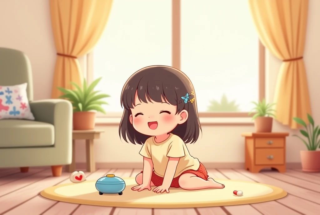 Girl playing in the living room，A reassuring smile on his face，Cartoon，可爱Cartoon，可爱Cartoon风格，maternal love，Cute illustration，Clean anime art，Simple background