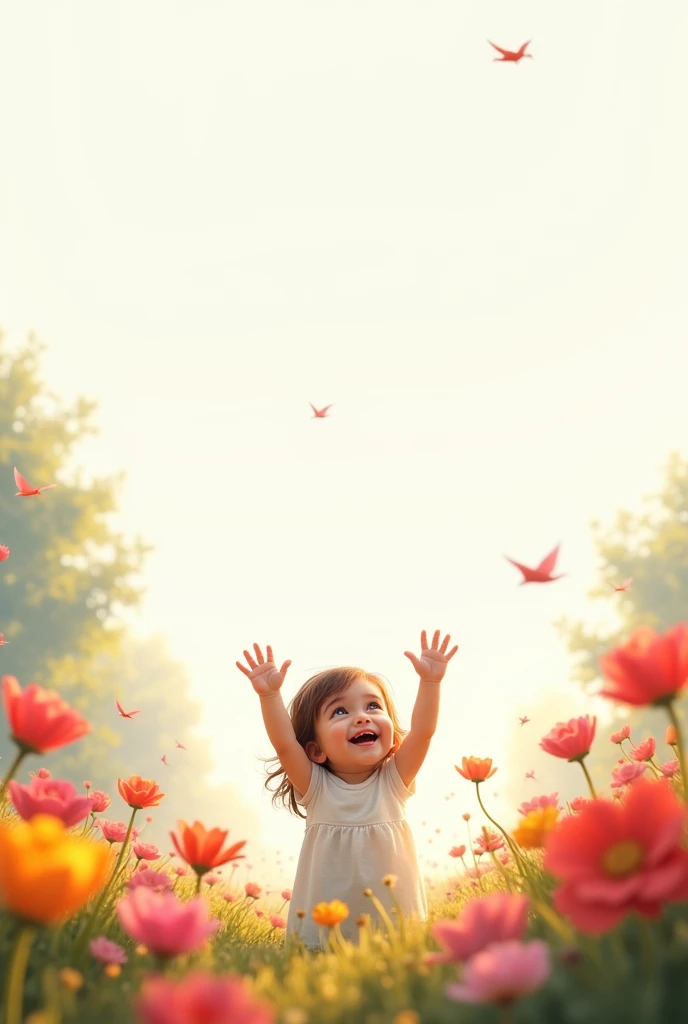 best quality,up side white,down side colorful,blooming beautiful colorful flowers,little bird flying up,cute baby girl raise hands,she smiling,she exciting