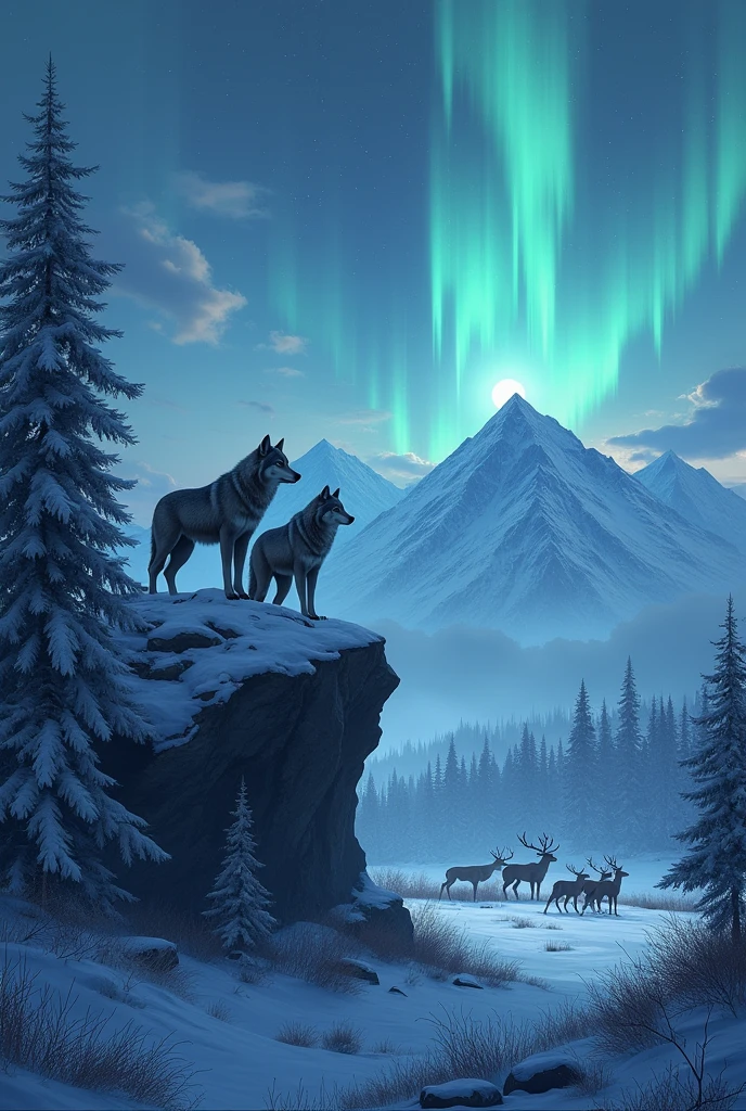 Alaska snowy night partly cloudy with stars and vibrant northern lights in the sky and mountain  in the background. 3 Wolves in a forest overlooking a bull caribou with 2 cow caribou in a Meadow 