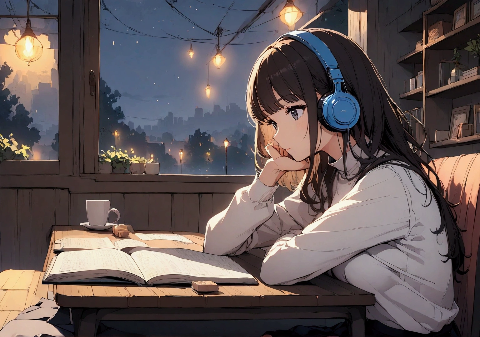 create an anime style high resolution illustration of a young beautifyul woman, sitting and studying at a table in a cozy cafe in the evening. The is looking at the book and focusing on the study with random stationary scattering on the table. She has headphones on and her hair is tied. She has a cup of coffe on her side. dress her in a white high neck full sleeves. and a pair of black high waisted trousers