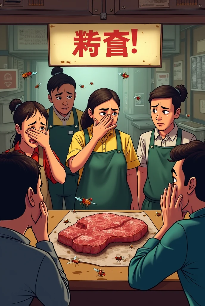 Customers are unhappy that flies are in the grilled pork shop.