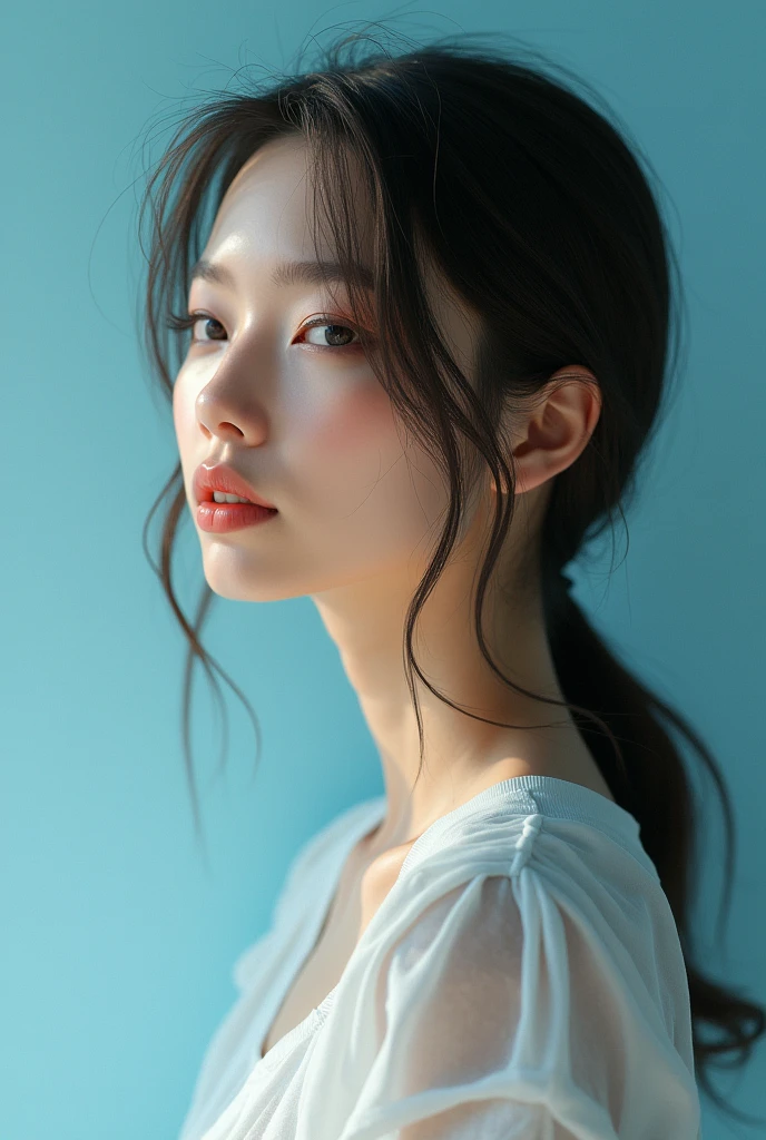 Highest quality,masterpiece,Ultra-high resolution,(Realistic:1.4),One Girl, In the Studio, Pastel blue background,profile,Looking to the side