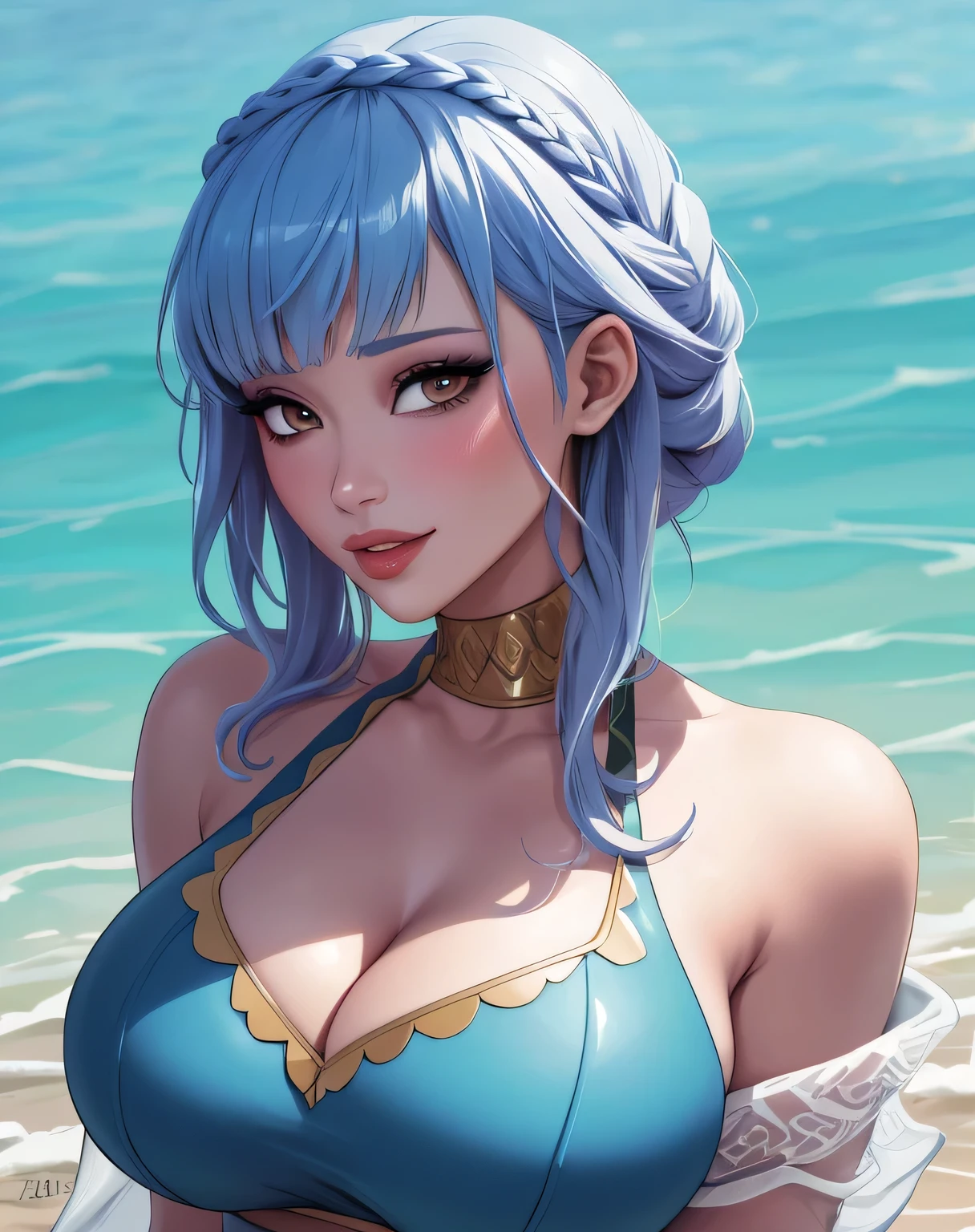 mariannebikini, crown braid, see-through, blue bikini, sarong, messy hair 2.0, gold trim 2.0, (masterpiece, best quality, ultra-detailed), realistic style, very close up shot 2.0, beach 2.0, blushing, perfect eyes, very cute nose 2.0, very sexy smile 2.0, very luscious lips 2.0, very heavy eyeshadow 2.0, very heavy makeup 2.0, very thick lips 2.0, very glossy lips 2.0, very pouty lips 2.0, lustrous skin 2.0, plump lips 2.0, very sexy 2.0, very flirty 2.0, very sexy smile 2.0, very luscious lips 2.0, very heavy eyeshadow 2.0, very heavy makeup 2.0, very thick lips 2.0, very glossy lips 2.0, very pouty lips 2.0, plump lips 2.0, very sexy 2.0, very flirty 2.0, very heavy eyeshadow 2.0, very heavy makeup 2.0, very thick lips 2.0, very glossy lips 2.0, very pouty lips 2.0, lustrous skin 2.0, plump lips 2.0, very sexy 2.0, very flirty 2.0, very sexy 2.0, very deep cleavage 2.0, very deep cleavage 2.0, very deep cleavage 2.0, bare shoulders 2.0, very deep cleavage 2.0, very small waist 2.0, very defined hips 2.0, very busty 2.0, very defined waist 2.0, very heavy eyeshadow 2.0, very heavy makeup 2.0, very deep cleavage 2.0, extremely sexy bimbo 2.0, extremely massive breasts 2.0, extremely massive breasts 2.0, extremely massive breasts 2.0, extremely massive breasts 2.0, extremely massive breasts 2.0, extremely massive breasts 2.0, extremely massive breasts 2.0, bare shoulders 2.0, very deep cleavage 2.0, extremely thick 2.0, extremely thick 2.0, skindentation 2.0, glistening skin 2.0, glistening skin 2.0, extremely thick 2.0, extremely sexy bimbo 2.0, extremely sexy bimbo 2.0, extremely sexy bimbo 2.0, extremely sexy bimbo 2.0, extremely sexy bimbo 2.0, extremely sexy bimbo 2.0, extremely sexy bimbo 2.0, extremely sexy bimbo 2.0, extremely sexy bimbo 2.0, extremely sexy bimbo 2.0, facing viewer 2.0, facing viewer 2.0, extremely close up shot 2.0, extremely close up shot 2.0, face shot 2.0, face shot 2.0, face shot 2.0, face shot 2.0, face shot 2.0, face shot 2.0