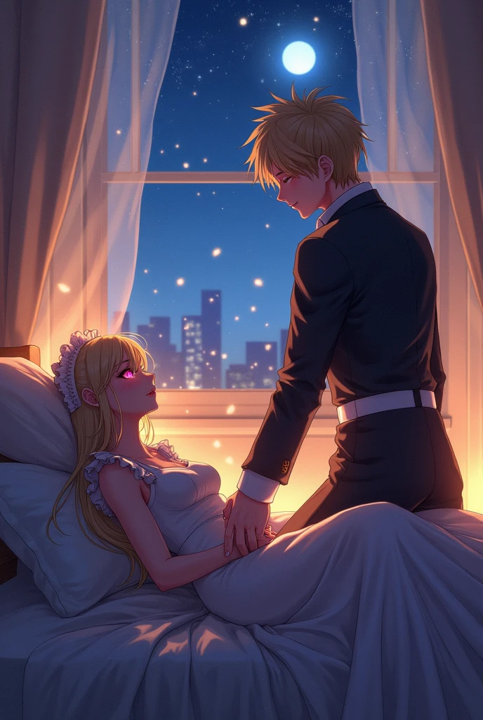 female, man, couple, maid, butler, blonde, blushing, shy, pink eyes, eyes half-closed, slim, undone clothing, pajamas, in the house, in the room, in the bedroom, with a window, with a bed, with a starry sky, at night, anime, full body shot, moonlight, chill atmosphere, lying down, looking to the left, facing right, messy hair, from side, overhead shot, on right, on left, warm lighting