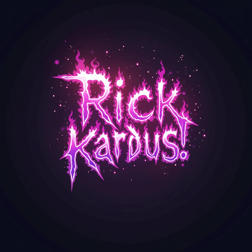 RRIKARDUS logo in rock metal style purple color palette Vibrant burning text digital art, masterpiece aesthetic glowing