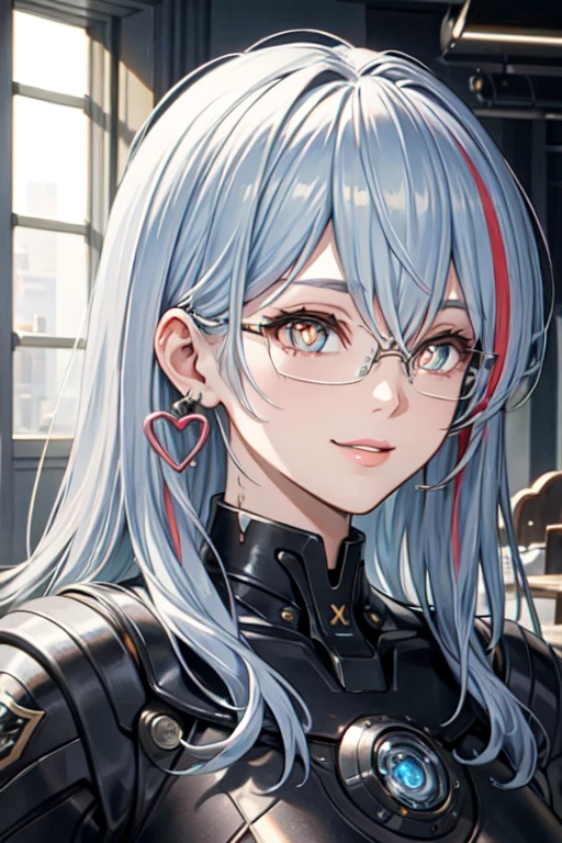 ((Highest quality)), ((masterpiece)), (detailed), streaked hair, rimless eyewear, symbol-shaped pupils, heart earrings, light smile, conceptual art, jpeg artifacts, first-person view, lens flare, uhd, anatomically correct, high details, super detail, best quality, 8k