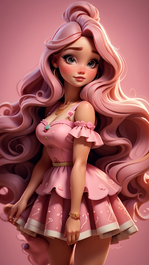 Sweet redhead, Barbie style. pink dress, Scene with candies, long hair